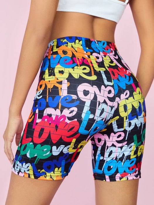 Love Letters Graphic High Waist Stretch Exercise Yoga Biker Shorts