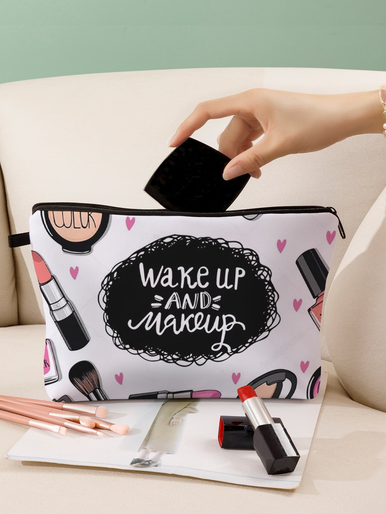 "Wake Up and Make Up" Letter Graphic Zippered Cosmetic Makeup Bag