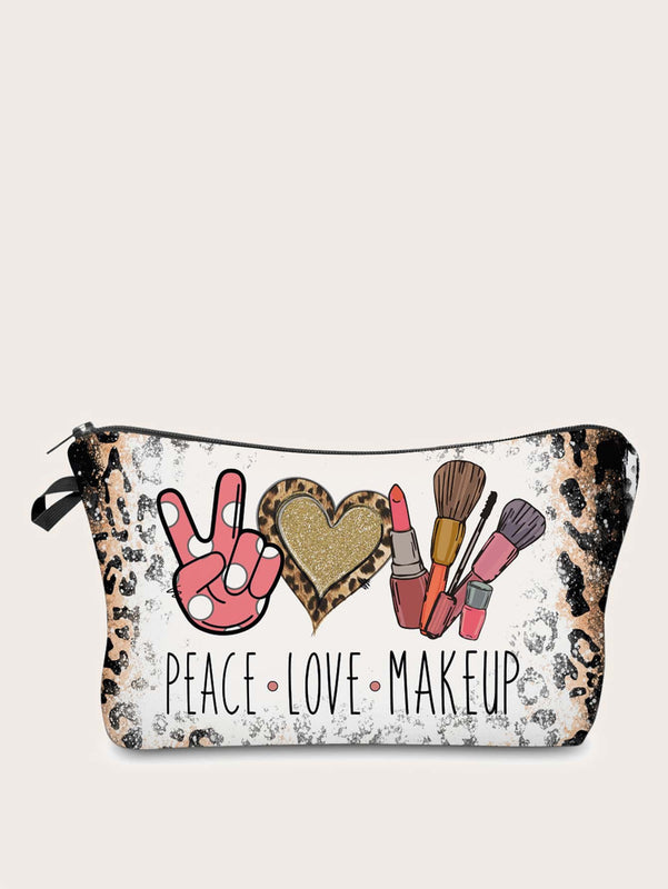 "Peace, Love, Make Up" Cartoon Graphic Mini Zippered Makeup Bag