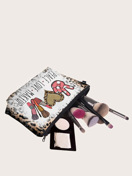 "Peace, Love, Make Up" Cartoon Graphic Mini Zippered Makeup Bag