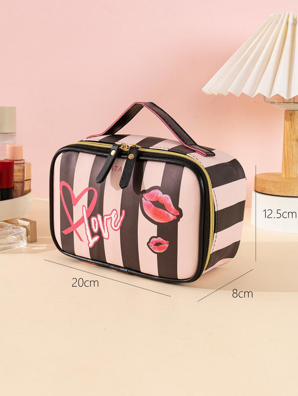 Waterproof Makeup Cosmetics Bag, Black & Pink Striped, Large & Portable