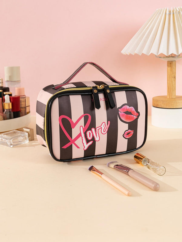 Waterproof Makeup Cosmetics Bag, Black & Pink Striped, Large & Portable