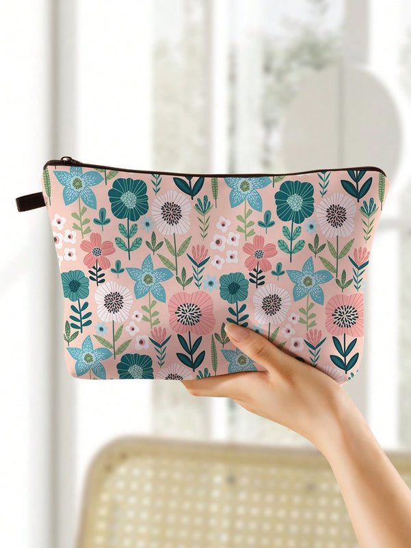 Spring Flowers Print Medium Sized Zippered Cosmetics Makeup Bag