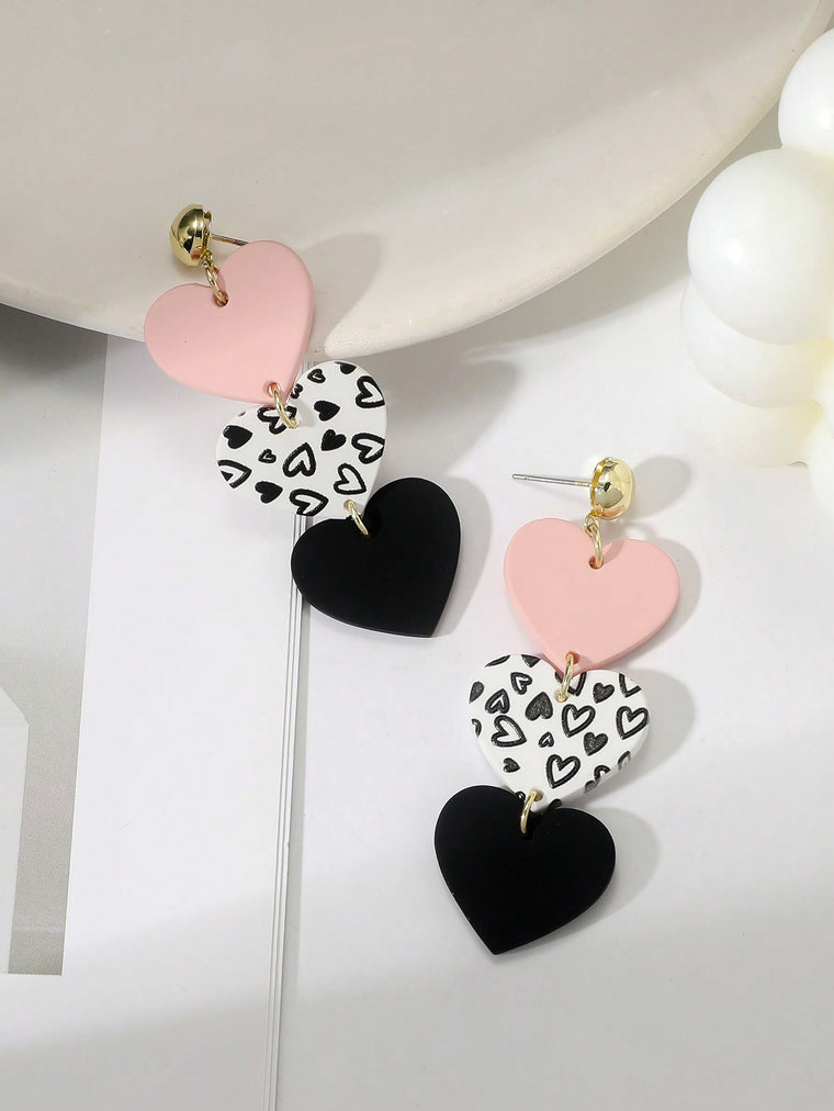Tiered Hearts Pink, White, Black Print Long Clay Earrings, Romantic & Cute