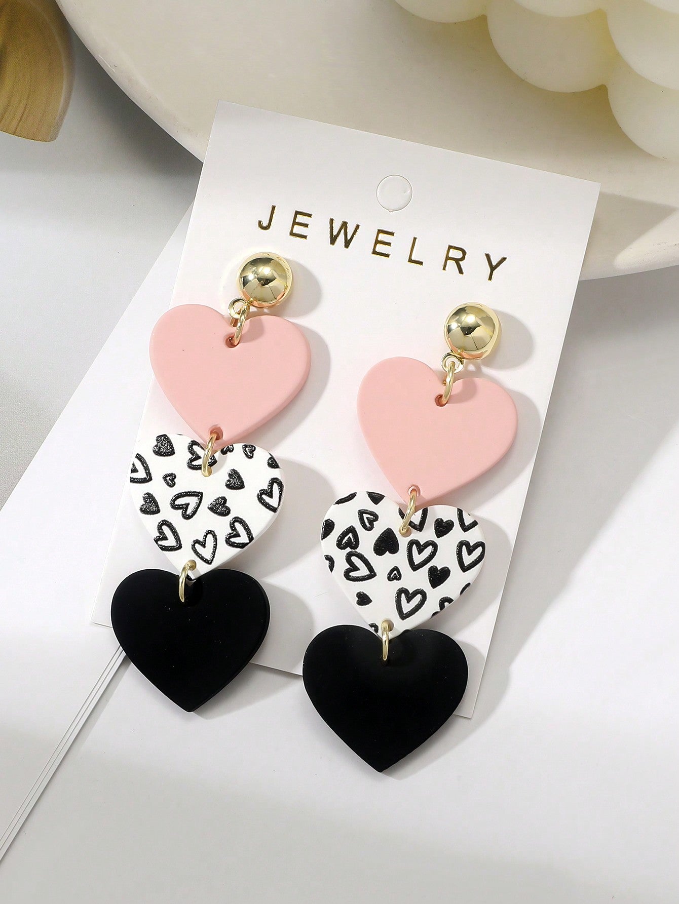 Tiered Hearts Pink, White, Black Print Long Clay Earrings, Romantic & Cute