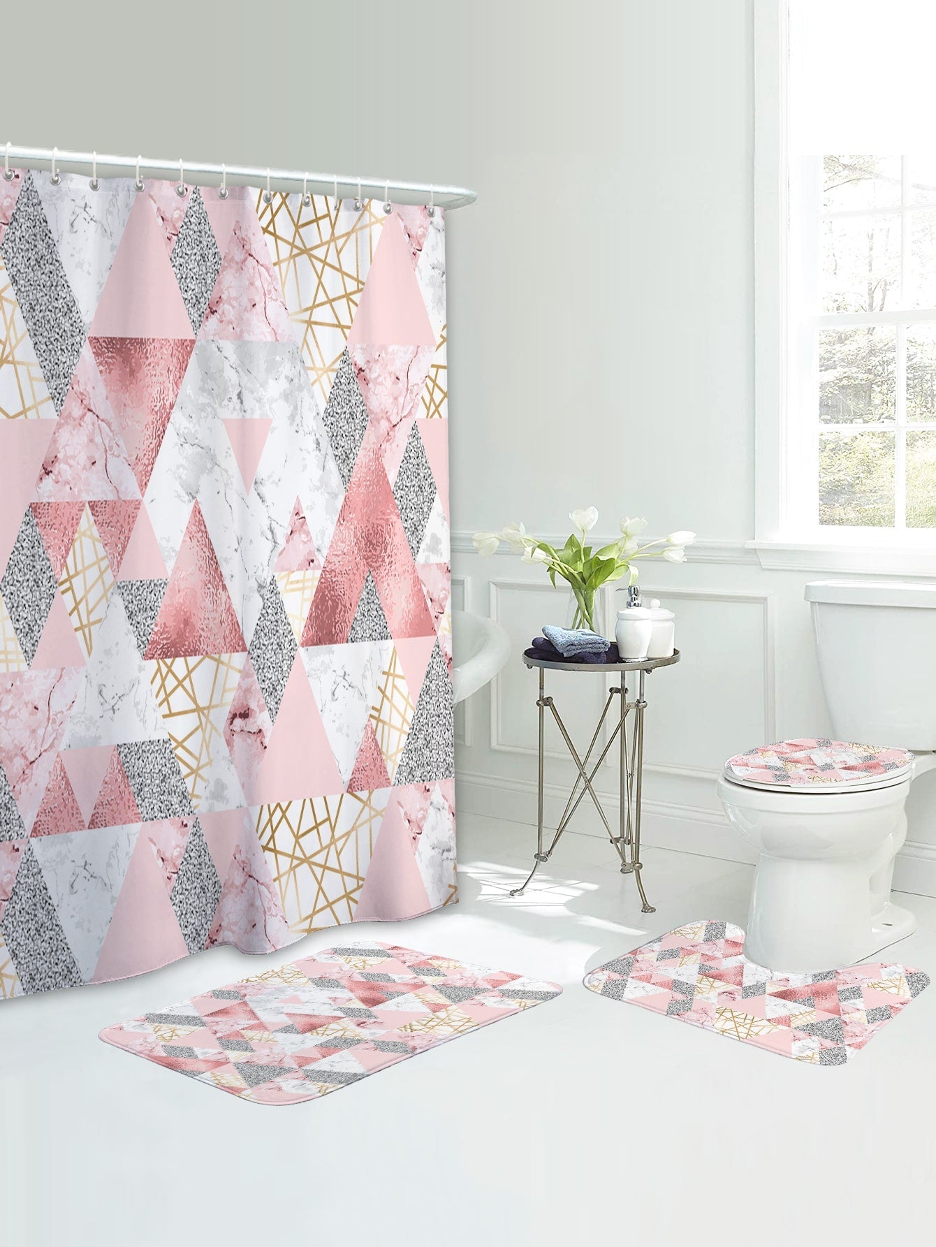 1pc Geometric Pattern Bath Mat Or 1pc Shower Curtain, Modern Polyester Closestool Mat, For Bathroom - Pink and Caboodle