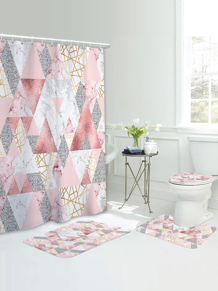 1pc Geometric Pattern Bath Mat Or 1pc Shower Curtain, Modern Polyester Closestool Mat, For Bathroom