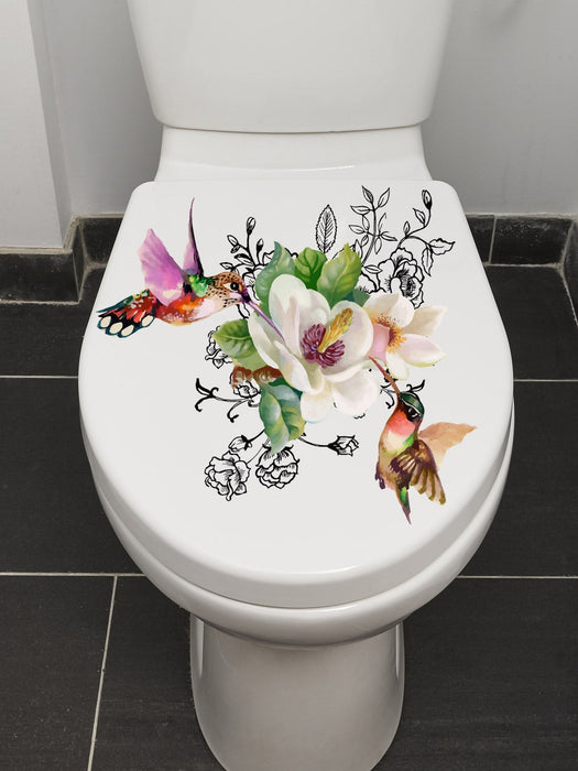 1pc PVC Toilet Lid Decal, Bird & Floral Pattern Toilet Stool Commode Sticker For Bathroom - Pink and Caboodle