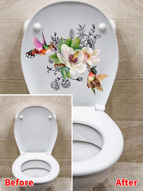 1pc PVC Toilet Lid Decal, Bird & Floral Pattern Toilet Stool Commode Sticker For Bathroom - Pink and Caboodle