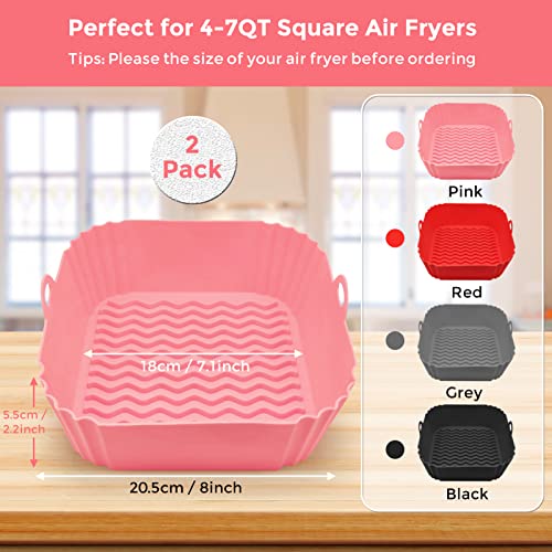 2 Pack Air Fryer Silicone Liners, 8 Inch Reusable Heat Resistant Square Food Grade Silicone Air fryer Pots Inserts Baskets Bowl Accessories for COSORI Instant Vortex 4 to 7 QT Air Fryer Oven Microwave - Pink and Caboodle