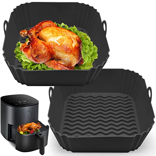2 Pack Air Fryer Silicone Liners, Square Non-Stick Airfryer Liners Reusable Pot, Heat Resistant Air Fryer Accessories, Deep Fryer Baskets for 4 to 7 QT Oven Microwave Air Fryer Silicone Baking Tray