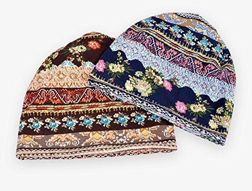 2-Pack Unisex Slouchy Knit Beanie Chemo Hat or Winter Cap - Geometric Florals - Pink and Caboodle