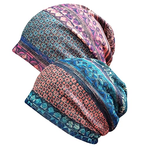 2-Pack Unisex Slouchy Knit Beanie Chemo Hat or Winter Cap - Island Prints - Pink and Caboodle