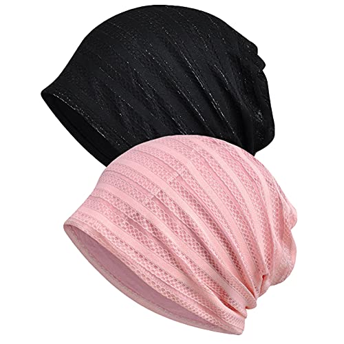 2-Pack Unisex Slouchy Knit Beanie Chemo Hat or Winter Cap - Pink & Black