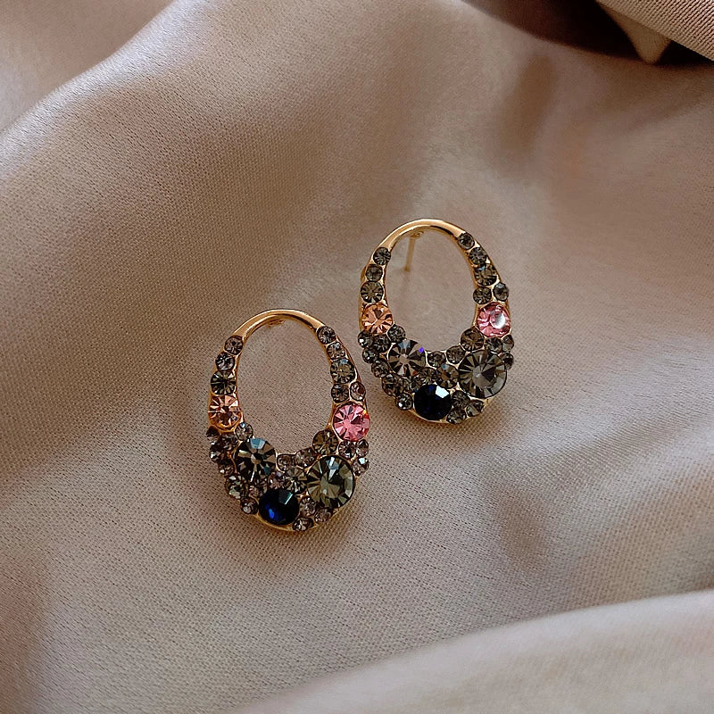 Rhinestone Studded Oval Hoop Stud Post Earrings