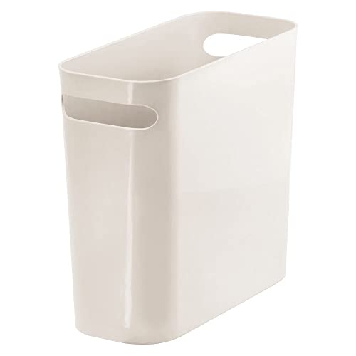 mDesign Plastic Small Trash Can, 1.5 Gallon/5.7-Liter Wastebasket, Narrow Garbage Bin with Handles for Bathroom, Laundry, Home Office - Holds Waste, Recycling, 10" High - Aura Collection, Cream/Beige