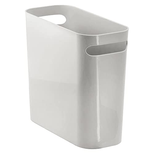 mDesign Plastic Small Trash Can, 1.5 Gallon/5.7-Liter Wastebasket, Narrow Garbage Bin with Handles for Bathroom, Laundry, Home Office - Holds Waste, Recycling, 10" High - Aura Collection, Light Gray