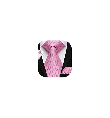HISDERN Pink Ties for Men Formal Business Tie and Handkerchief Cufflinks Set Classic Satin Woven Polka Dot Necktie Light Pink Solid Wedding Party