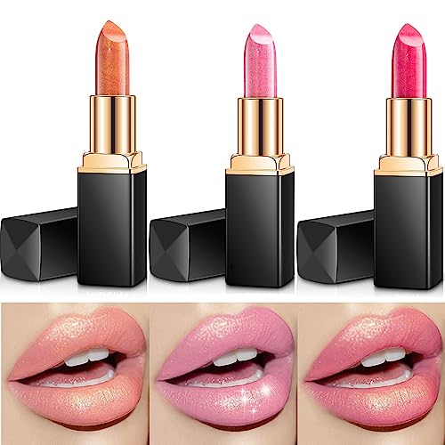 3 Colors Shimmer Full Coverage Lipstick Set, High Impact Moisturizing Glitter Formula (2 shade sets) - Pink and Caboodle