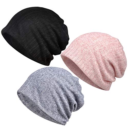 3-Pack Unisex Slouchy Knit Beanie Chemo Hat or Winter Cap - Pink, Black & Gray