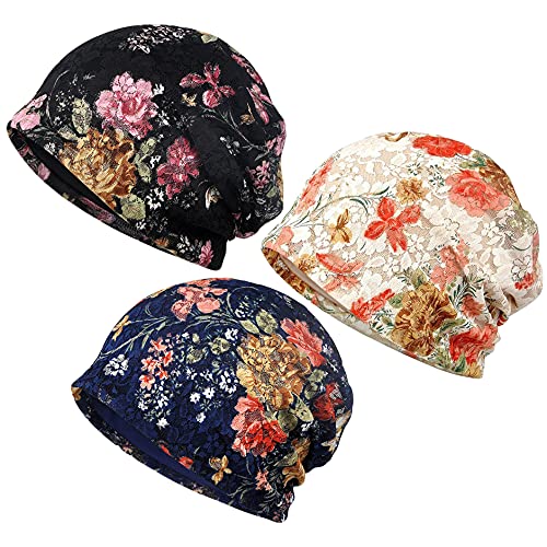 3-Pack Women's Slouchy Knit Beanie Chemo Hat or Winter Cap - Large Florals