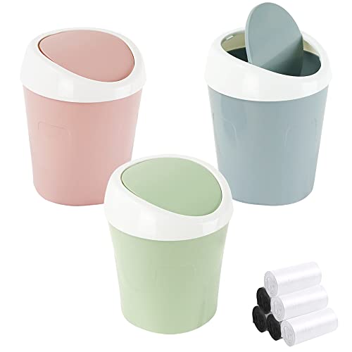 3 Pcs Plastic Mini Desktop Wastebasket Trash Can with 6 Rolls of Trash Bags - Pink, Blue & Green