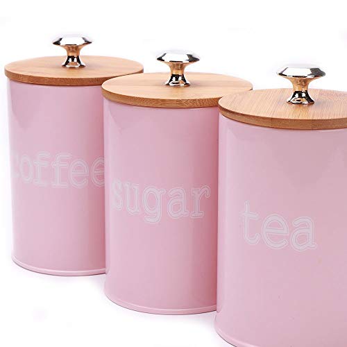3-Piece Metal Kitchen Food Storage Tin Canister Jars w/Bamboo Lids, Matte Pink & Cream - Pink and Caboodle