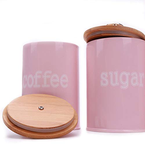 3-Piece Metal Kitchen Food Storage Tin Canister Jars w/Bamboo Lids, Matte Pink & Cream - Pink and Caboodle