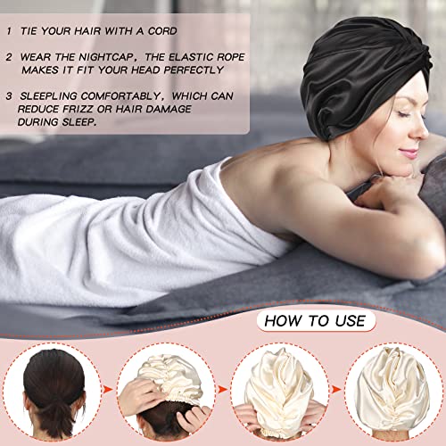 3 Pieces Silk Hair Wrap for Sleeping Women Bonnet Silk Sleeping Bonnet Elastic Hair Care Sleep Cap for Natural Curly Hair (Champagne, Black, Rose Gold) - Pink and Caboodle