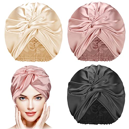 3 Pieces Silk Hair Wrap for Sleeping Women Bonnet Silk Sleeping Bonnet Elastic Hair Care Sleep Cap for Natural Curly Hair (Champagne, Black, Rose Gold) - Pink and Caboodle
