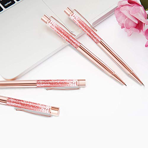 3-Pk Rose Gold Glitter Bling Ballpoint Metal Pens, Dynamic Liquid Sand Pen with Refills - Pink and Caboodle