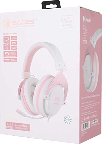 Stereo Gaming Headset, Noise Cancelling Over Ear Headphone w/Flexible Mic and Soft Earmuffs, Pink and White