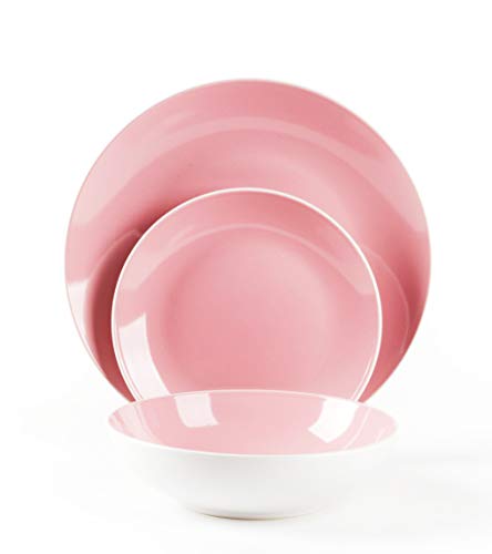 HomeVss, Stoneware Coupe Shape 18pc Dinnerware Set, Outside White + Inside Pink