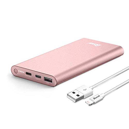 BONAI Portable Charger, (Aluminum)(Powerful) 12000mAh Power Bank, USB C High-Speed 3.0A Input/Output External Battery Pack Compatible with iPhone 13/13 Pro Max/12/12 PM iPad Samsung Android-Blush Gold