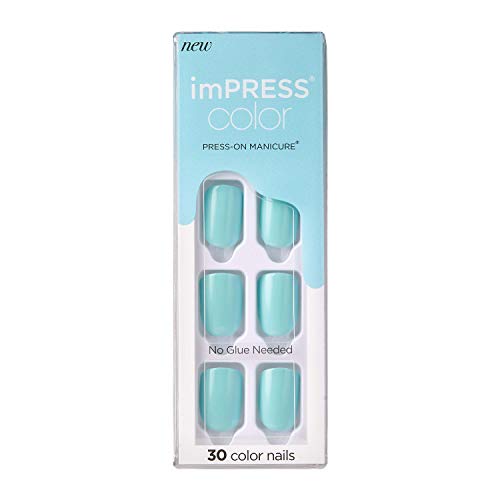 KISS imPRESS Color Press-On Manicure, Gel Nail Kit, PureFit Technology, Short Length, “Mint To Be”, Polish-Free Solid Color Mani, Includes Prep Pad, Mini File, Cuticle Stick, and 30 Fake Nails