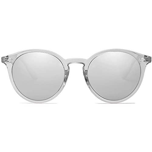 SOJOS Retro Round Polarized Sunglasses for Women Men Circle Frame UV400 Lenses SJ2069, Clear Grey/Silver Mirrored