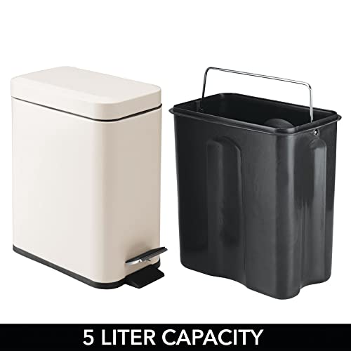 mDesign Small Modern 1.3 Gallon Rectangle Metal Lidded Step Trash Can, Compact Garbage Bin with Removable Liner Bucket and Handle for Bathroom, Kitchen, Craft Room, Office, Garage - Cream/Beige