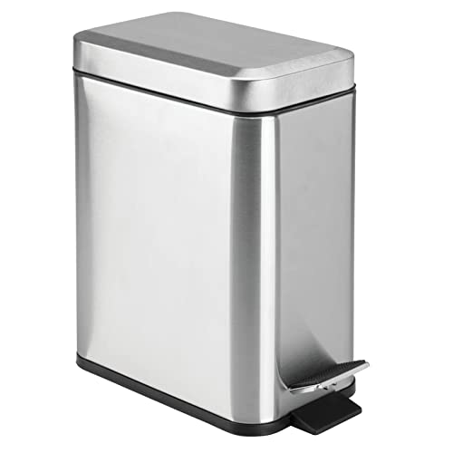 mDesign Small Modern 1.3 Gallon Rectangle Metal Lidded Step Trash Can, Compact Garbage Bin with Removable Liner Bucket and Handle for Bathroom, Kitchen, Craft Room, Office, Garage - Brushed