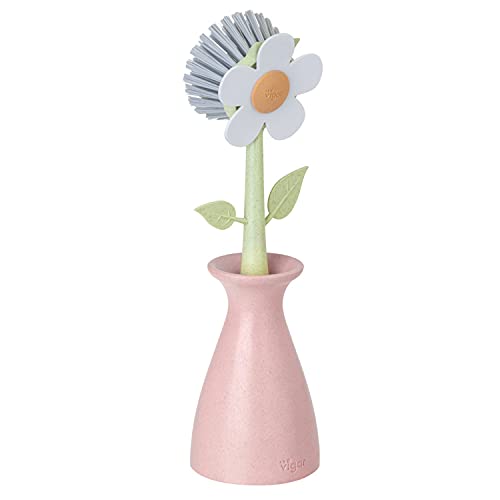 Vigar Florganic Dish Brush with Vase, Eco-Friendly, Daisy-Shaped Dish Brush and Holder, Pink