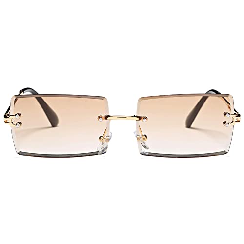 Rectangle Sunglasses for Men/Women Small Rimless Square Shade Eyewear ( Tea + Clear + Black )…
