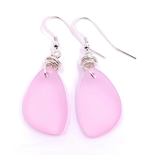Charming Sweet Heart Pink Blush Sea Glass Earrings with Handmade Silver Knot on Sterling Silver Hooks