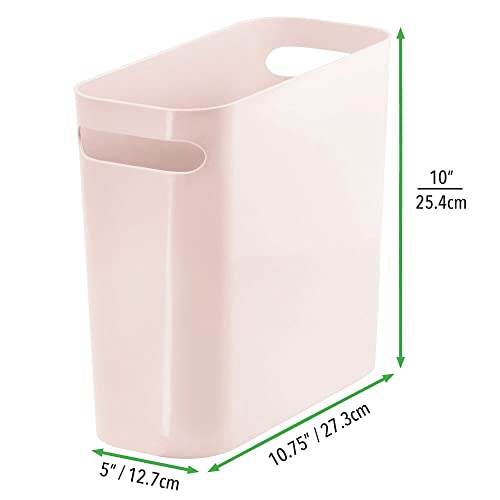 mDesign Plastic Small Trash Can, 1.5 Gallon/5.7-Liter Wastebasket, Narrow Garbage Bin with Handles for Bathroom, Laundry, Home Office - Holds Waste, Recycling, 10" High - Aura Collection, Light Pink