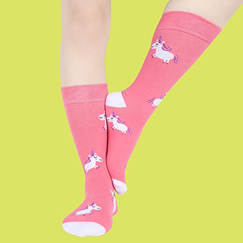Christmas Gift Womens Novelty Funny Crew Socks Girls Cute Floral Colorful Patterned Socks Silly Funky Casual Cotton Flower printed Socks Gift，5 Pack-animal(dog Mermaid Unicorn Cow Bee)