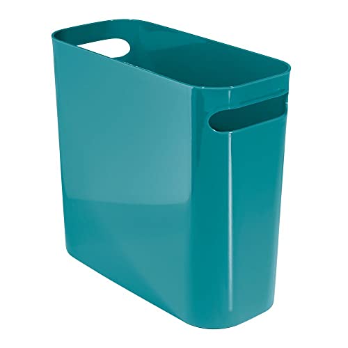 mDesign Plastic Small Trash Can, 1.5 Gallon/5.7-Liter Wastebasket, Narrow Garbage Bin with Handles for Bathroom, Laundry, Home Office - Holds Waste, Recycling, 10" High - Aura Collection, Teal Blue