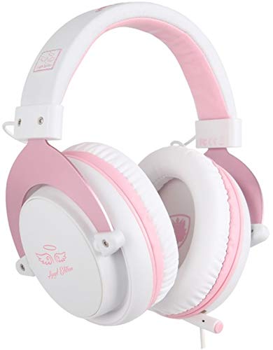 Stereo Gaming Headset, Noise Cancelling Over Ear Headphone w/Flexible Mic and Soft Earmuffs, Pink and White