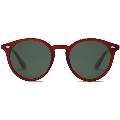 SOJOS Retro Round Polarized Sunglasses for Women Men Circle Frame UV400 Lenses SJ2069, Dark Red/Green