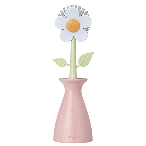 Vigar Florganic Dish Brush with Vase, Eco-Friendly, Daisy-Shaped Dish Brush and Holder, Pink