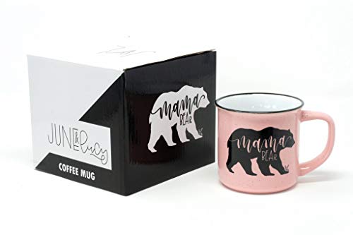 June & Lucy Mom Mug with Stylish Gift Box- Mama Bear Novelty Gifts for Mom Cute Large Camping Coffee Mugs for Women - Pink Coffee Mug with Lettering - 15 oz Microwave and Dishwasher Safe