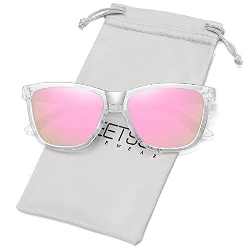 MEETSUN Polarized Sunglasses for Women Men Classic Retro Trendy Style UV Protection (Pink mirror / clear frame, 54)