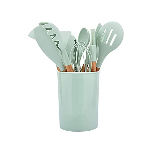 Kitchen Cooking Utensils Set 12 Pieces Silicone Wooden Handle High Heat Resistance Premium Silicone Kitchen Gadgets Spatula Set with Holder BPA Free (MINT GREEN)